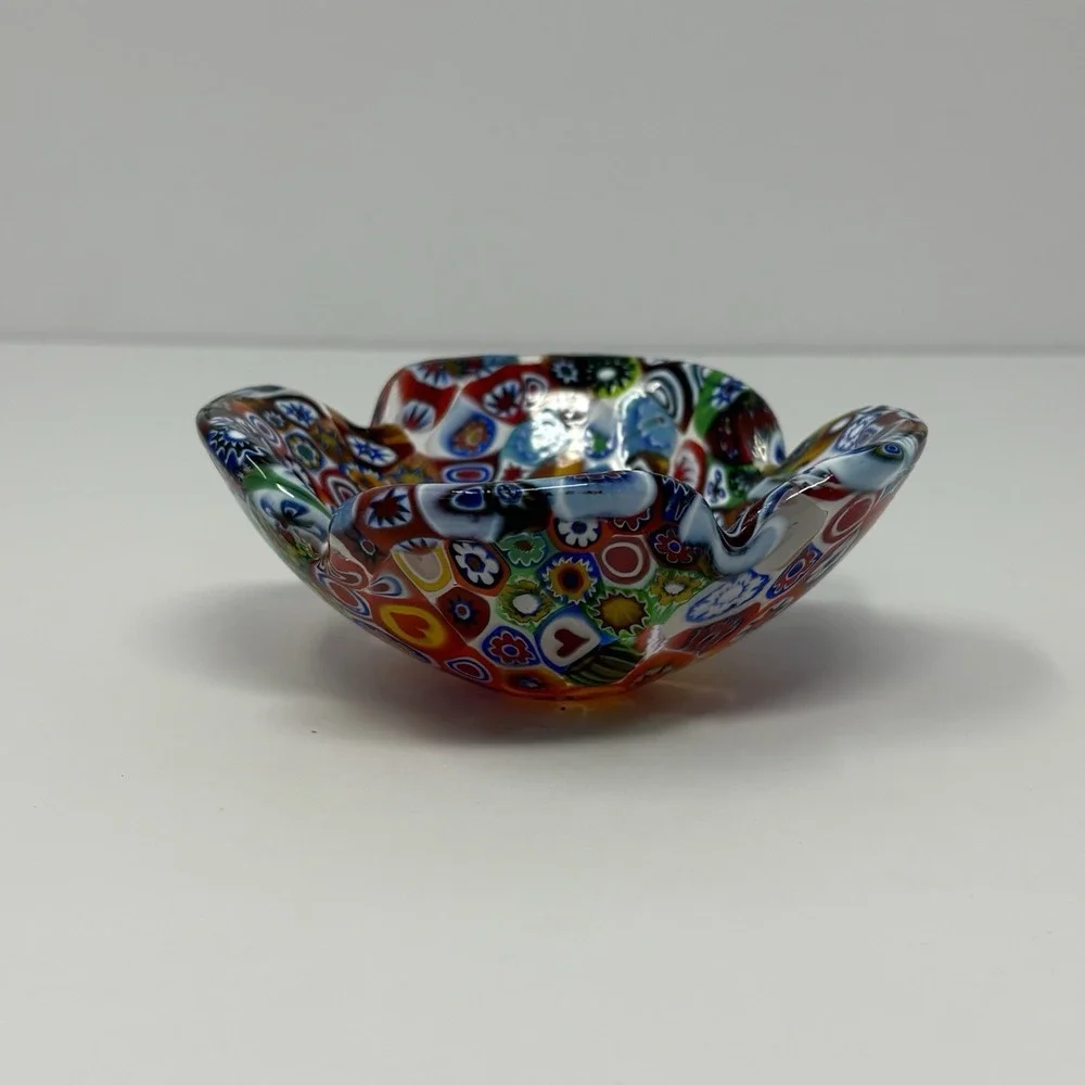 Vintage Murano Millefiori Art Glass Ruffled Bowl Candy Dish Multicolor